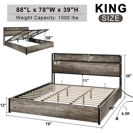 AMERLIFE King Size Lift Up Storage Bed Frame, Wooden Platform Bed Frame with Lifting Storage & Charging Station, No Spring Box Needed/Noise Free, Rustic Grey AMERLIFE