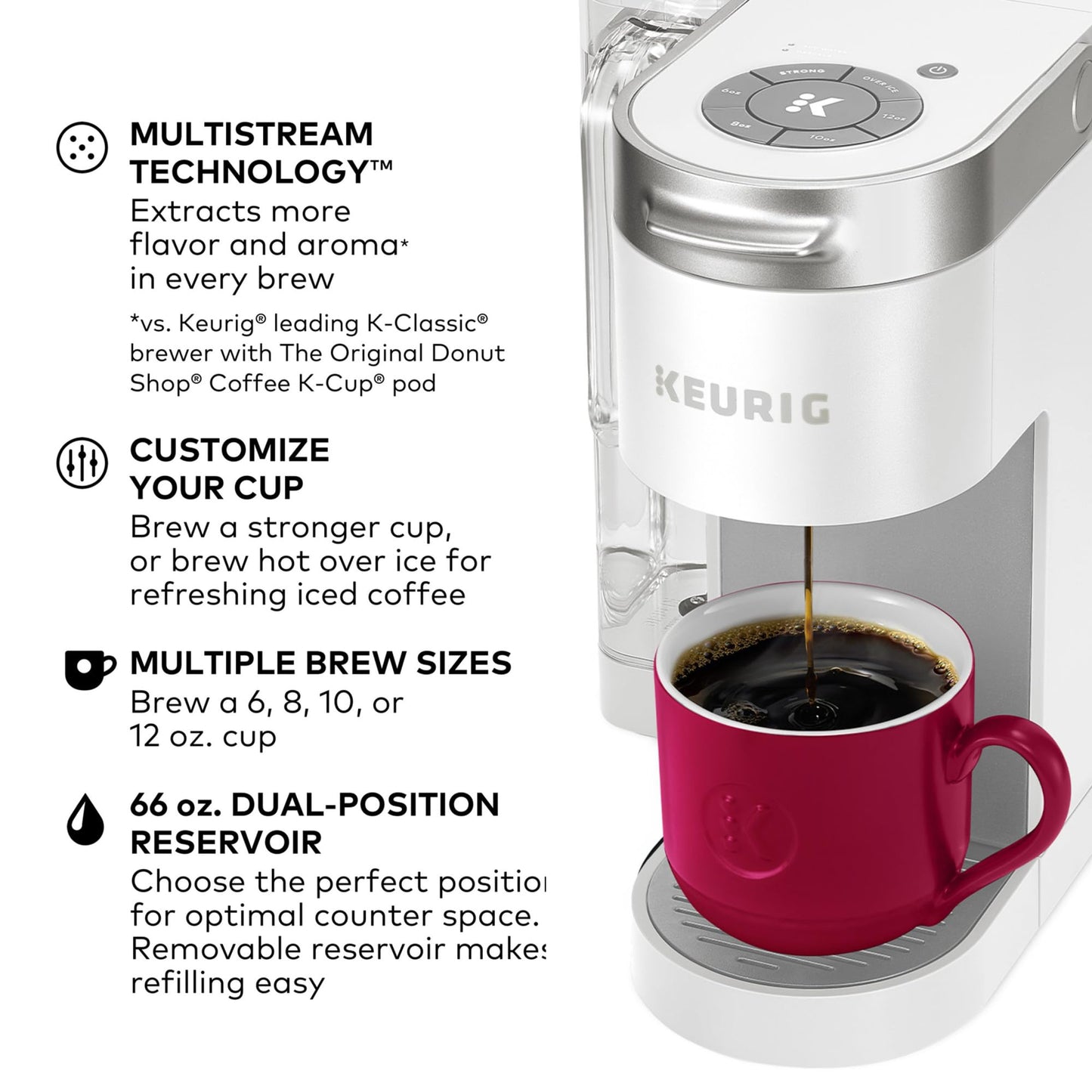 Keurig K-Supreme Single Serve K-Cup Pod Coffee Maker, MultiStream Technology, 4 Brew Sizes, 66oz Dual-Position Removable Reservoir, White