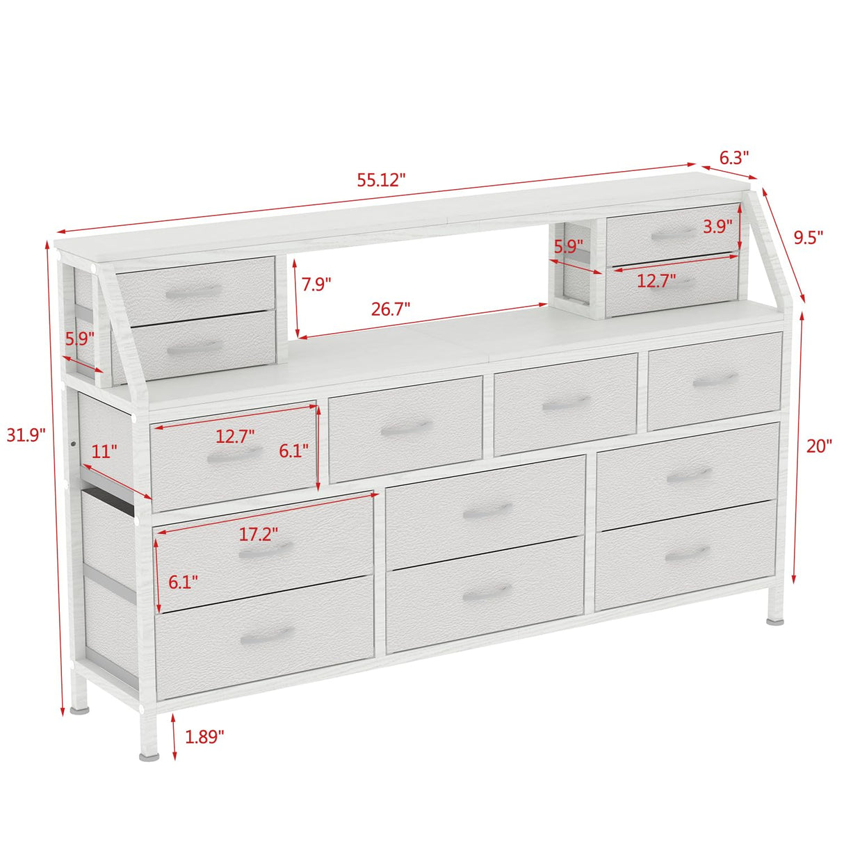 DrawXynth White Dresser for Bedroom, 55" TV Stand with 14 Drawers, Long Dresser & Chests of Drawers with Shelves & Sturdy Metal Frame & Wood Top DrawXynth