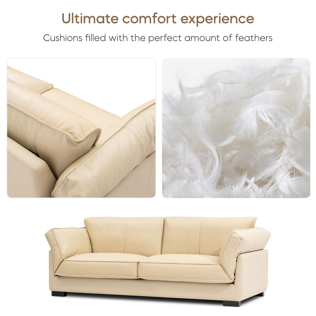 Olodumare 87’’ Genuine Leather Sofa for Living Room, Luxurious Top-Grain Leather Comfy Couch with Overstuffed Cushions, Mid-Century Modern Feather Filled Cushions Furniture, Cream Beige Olodumare
