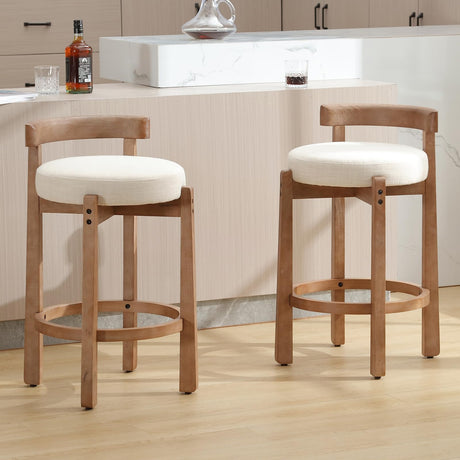 HEAH-YO Mid Century Modern Bar Stools Set of 2, 26.5" Counter Stools with Back, Linen Upholstered Barstools with Solid Wood Legs Bar Chairs for Kitchen Island Dining Room, Beige HEAH-YO