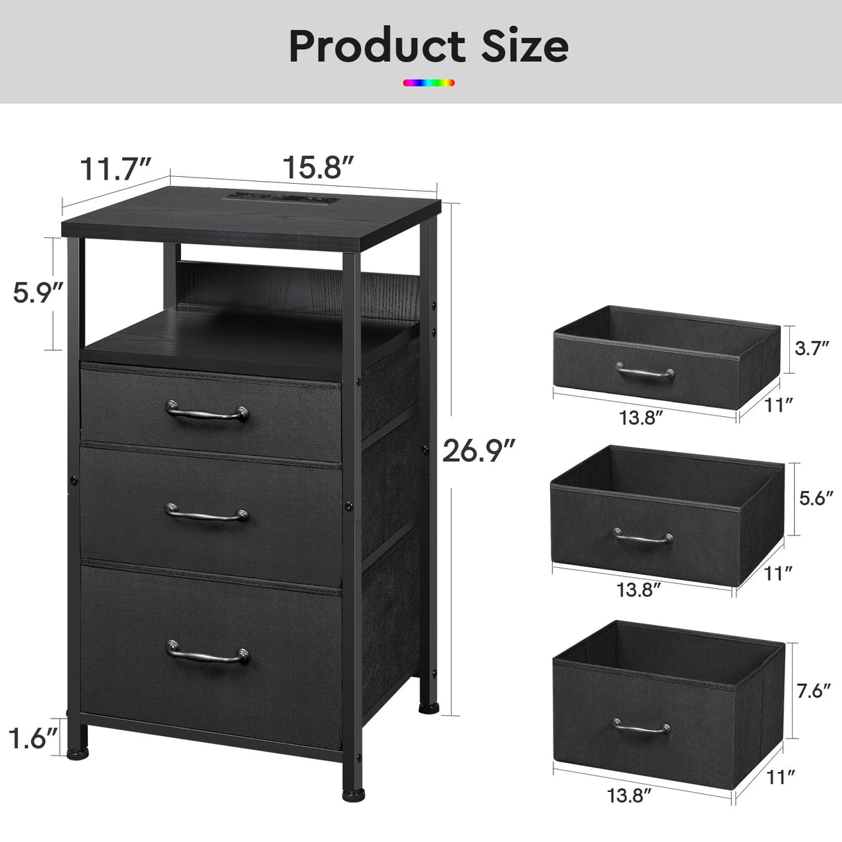 YeTom Nightstand with Charging Station Set of 2, LED Night Stand with 3 Fabric Drawers, Side Table with Open Shelf, End Table with Steel Frame, 3 Drawer Dresser for Bedroom, Black YeTom