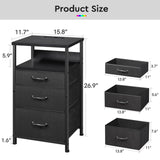 YeTom Nightstand with Charging Station Set of 2, LED Night Stand with 3 Fabric Drawers, Side Table with Open Shelf, End Table with Steel Frame, 3 Drawer Dresser for Bedroom, Black YeTom