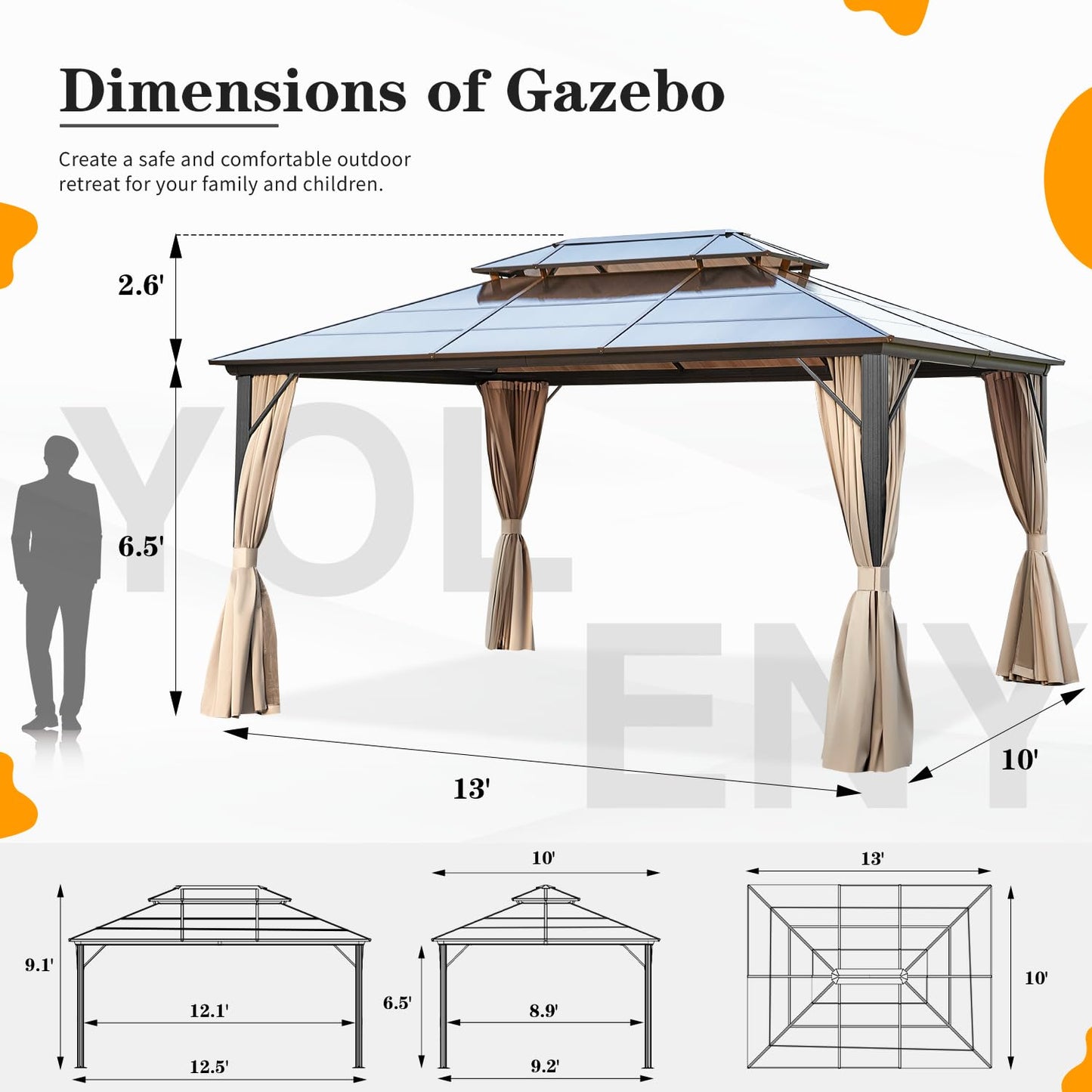 YOLENY 10'x13' Hardtop Gazebo, Outdoor Polycarbonate Double Roof Canopy, Aluminum Frame Permanent Pavilion with Curtains and Netting, Sunshade for Garden, Patio, Lawns - WoodArtSupply