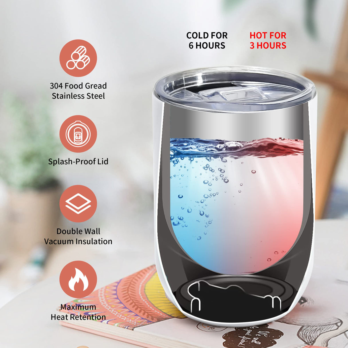 AGH 12 oz Sublimation Wine Tumblers Blanks, 4PCS Straight Stainless Steel Insulated Mug for Full Wrap Heat Transfer, Spill-proof Sliding Lid Stainless Steel Straw for Coffee Cocktails Drinks AGH