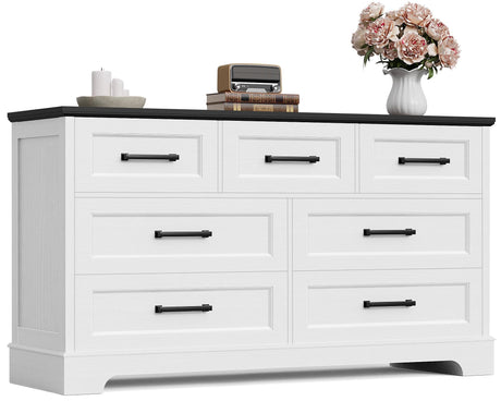 Furmax Farmhouse Dresser for Bedroom, 7 Drawers Dresser, Wood Chest of Drawers, 52" Wide Storage Dressers Organizer for Bedroom, Living Room, White and Black Furmax