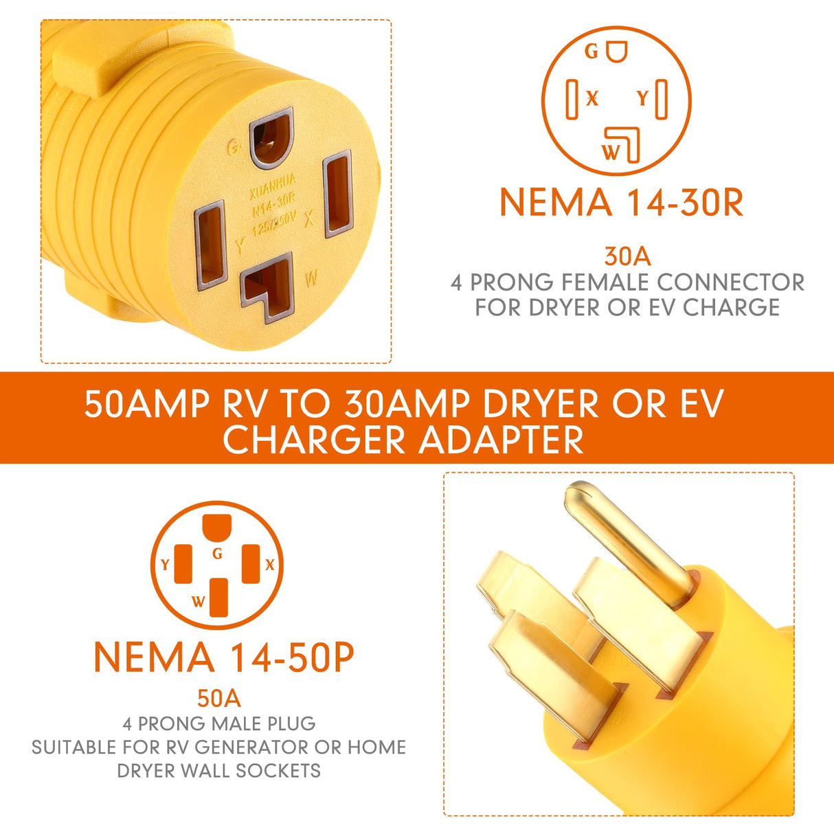 Kanayu Compatible with NEMA 14-50P to 14-30R Adapter, 4 Prong 50 Amp to 30 Amp Adapter, for Level 2 EV Charger, Generator Welder Dryer EV Charger Power Cord Connector Kanayu