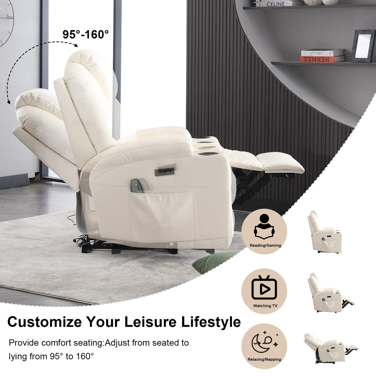 AHMED Power Recliner Chair, Home Theater Seating with LED Ambient Lighting, PU Leather Lazy Sofa Heat Massage Chair with Cup Holders/Side Pockets/USB Ports for Living Room (Beige, Single) AHMED