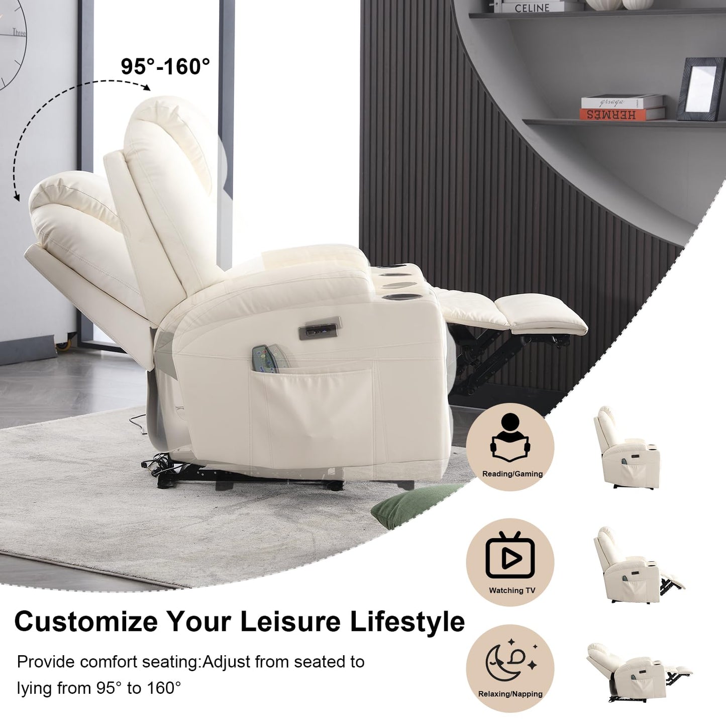 AHMED Power Recliner Chair, Home Theater Seating with LED Ambient Lighting, PU Leather Lazy Sofa Heat Massage Chair with Cup Holders/Side Pockets/USB Ports for Living Room (Beige, Single)