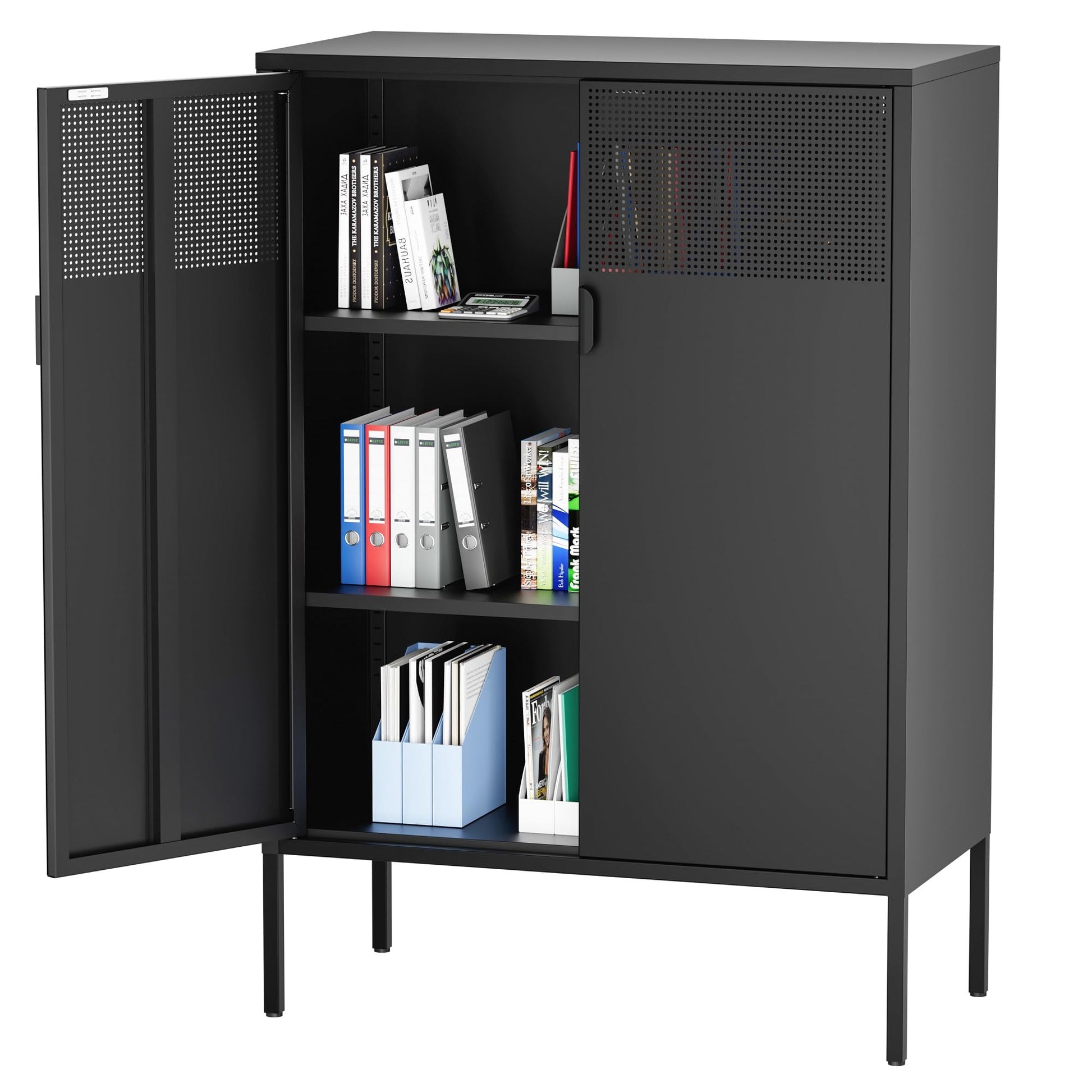 Ustamio Black Metal Storage Cabinet, Metal Locker Storage Cabinet with Doors and Shelves, 3 Tier Steel Office Storage Cabinet, Metal Sideboard for Home, Office, Kitchen and Coffee Bar - WoodArtSupply