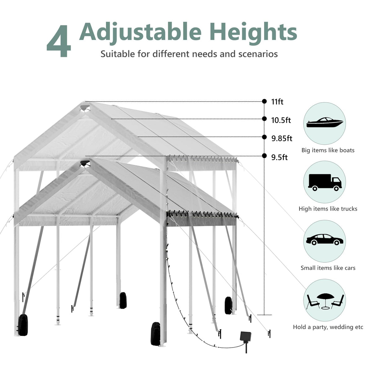 10 * 20 Heavy Duty Carport Canopy - Extra Large Portable Car Tent Garage with Adjustable Peak Height from 9.5ft to 11ft,Removable Roof &Side Walls for Car, SUV,Boats Sannwsg