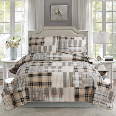 3-Piece Brown Plaid Bedspread Sets Quilts Queen Size Sets Plaid Quilts Bedding Sets Reversible Lightweight Stripe Coverlet Grid Bedding Patchwork Soft Quilt for Bed (90" x 90")