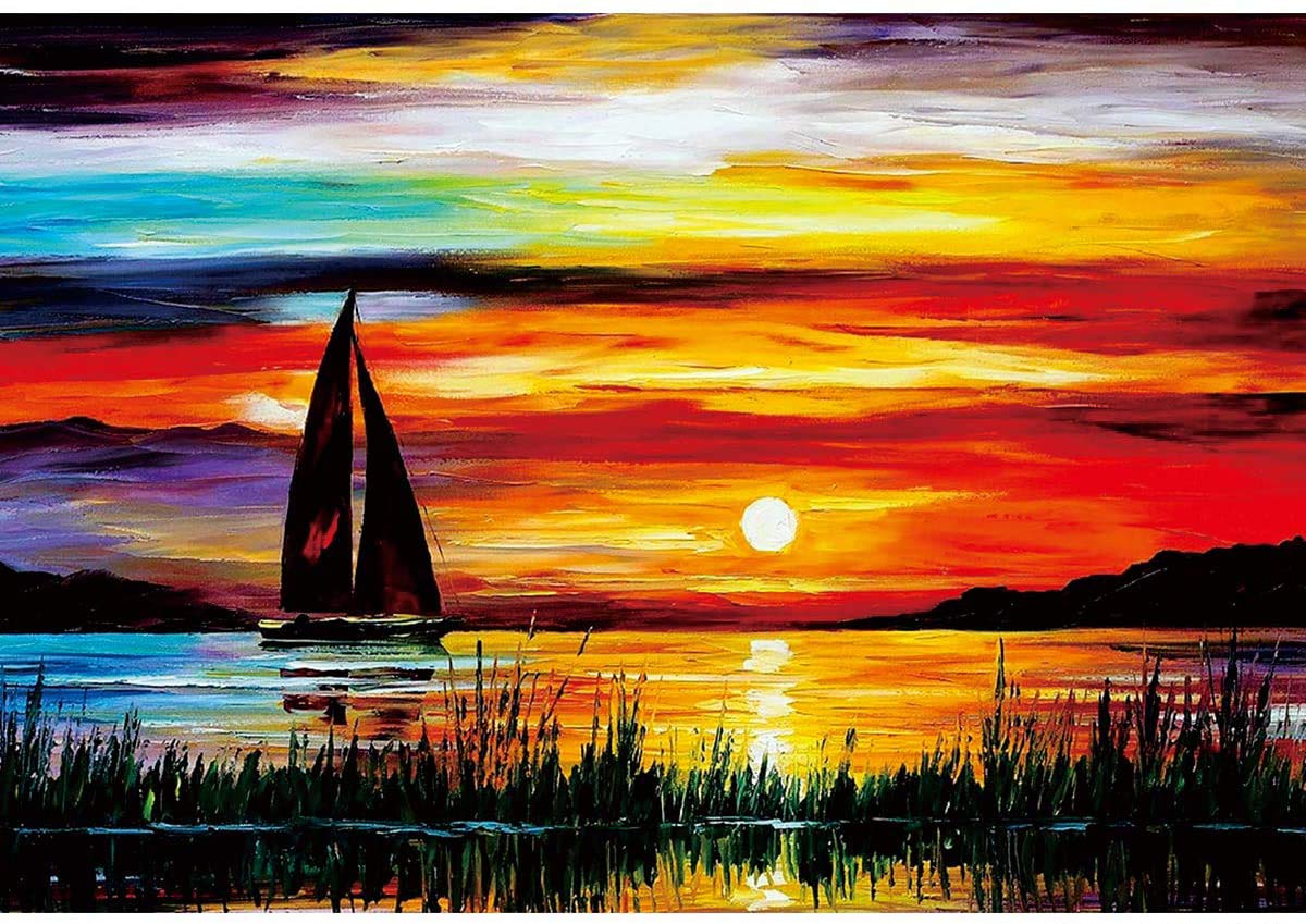 Moruska Sunrise Sailing Boat Puzzle for Adults 1000 Piece Wooden Jigsaw Puzzle Gradient Color Oil Painting Art Puzzles Difficult and Unique Moruska