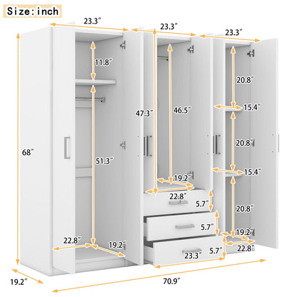 BEDGJH Large Wardrobe Closet 6 Doors, 70.9" W Wooden Wardrobe Cabinet with Big Drawers, Bedroom Armoire Dresser Wardrobe Clothes Organizer (White)