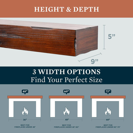 48 Inch Floating Fireplace Mantel Wood Shelf In Cherry Rustic - Breckenridge From Mantels Direct | With Corbel Bracket Arches | Wooden Rustic Wall Shelf Perfect for Electric Fireplaces and Décor MANTELSDIRECT