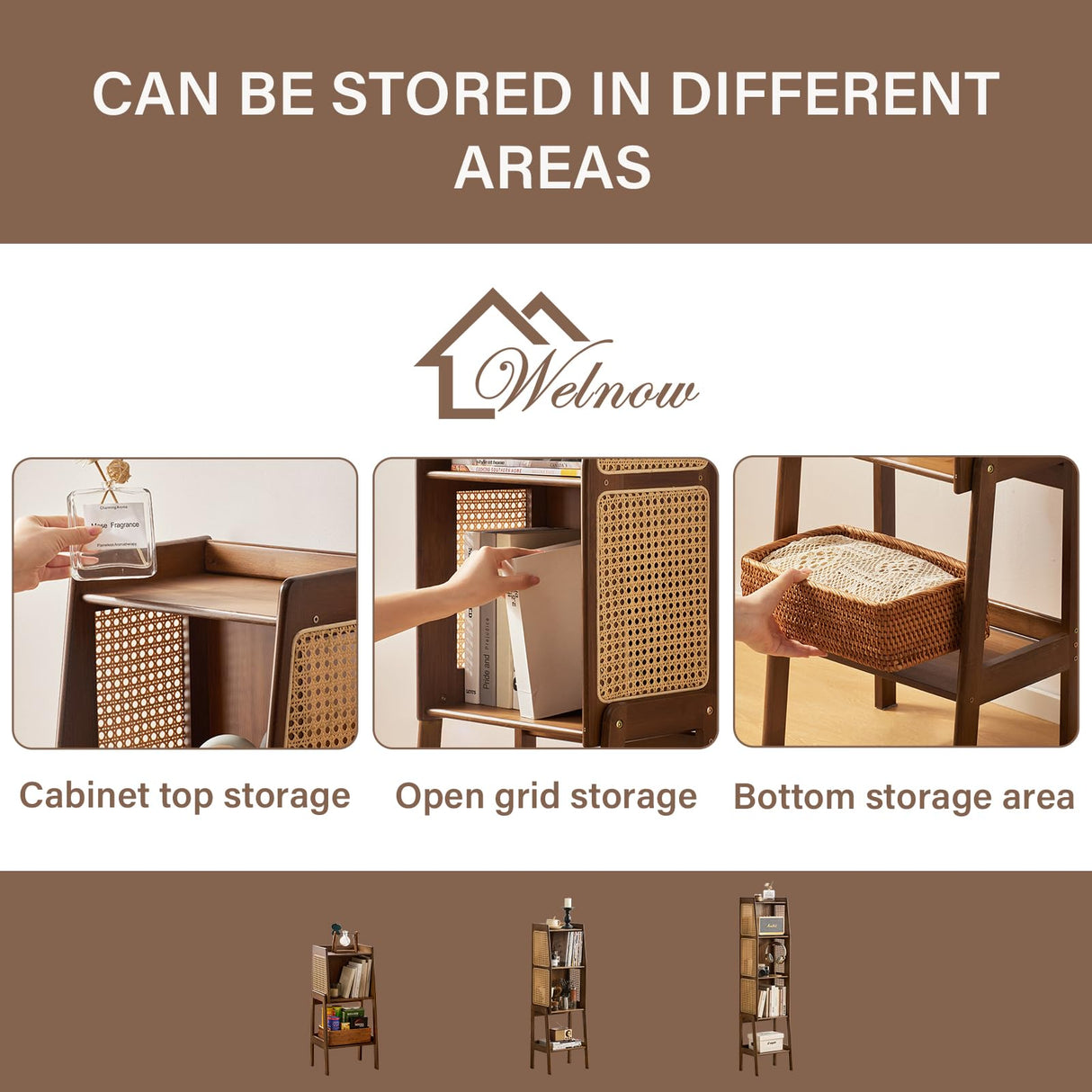 Welnow Bamboo Rattan Bookcase with Cabinet, 3-Tier Storage Shelf with Side Table & End Table Function, Large Modern Wood Organizer for Living Room or Bedroom, Walnut Bookshelf Welnow