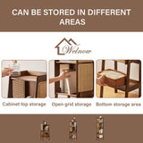 Welnow Bamboo Rattan Bookcase with Cabinet, 3-Tier Storage Shelf with Side Table & End Table Function, Large Modern Wood Organizer for Living Room or Bedroom, Walnut Bookshelf Welnow