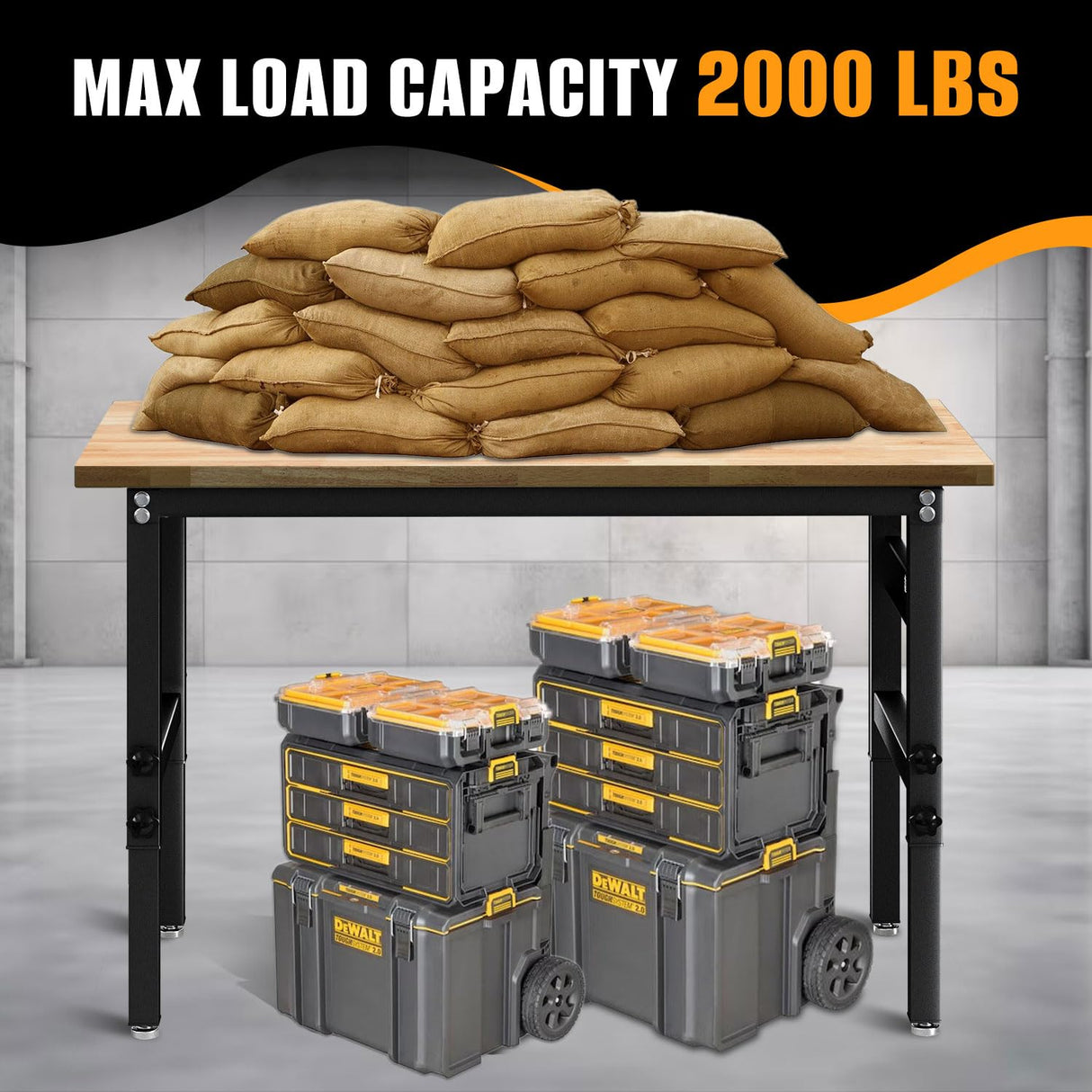 48" Adjustable Work Bench with Power Outlet & Soild Oak Hardwood Top - Heavy-Duty Worktable for Garage, Workshop, Office, Home - 2000 lbs Capacity HONRISE