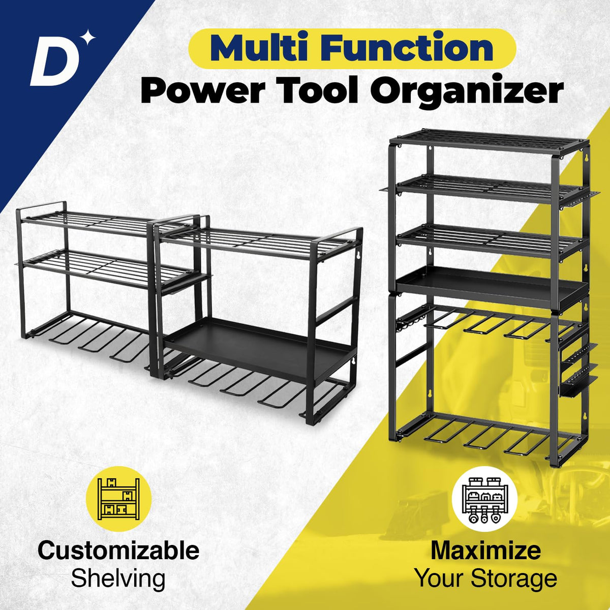 Heavy Duty Power Tool Organizer Wall Mount (Holds Up to 165 lbs) Include Level for Easy Multisurface Install Tool Organizer with Customizable Shelves Multi-Tool Holder for Drills, Hammers & Hand Tools Decluttify