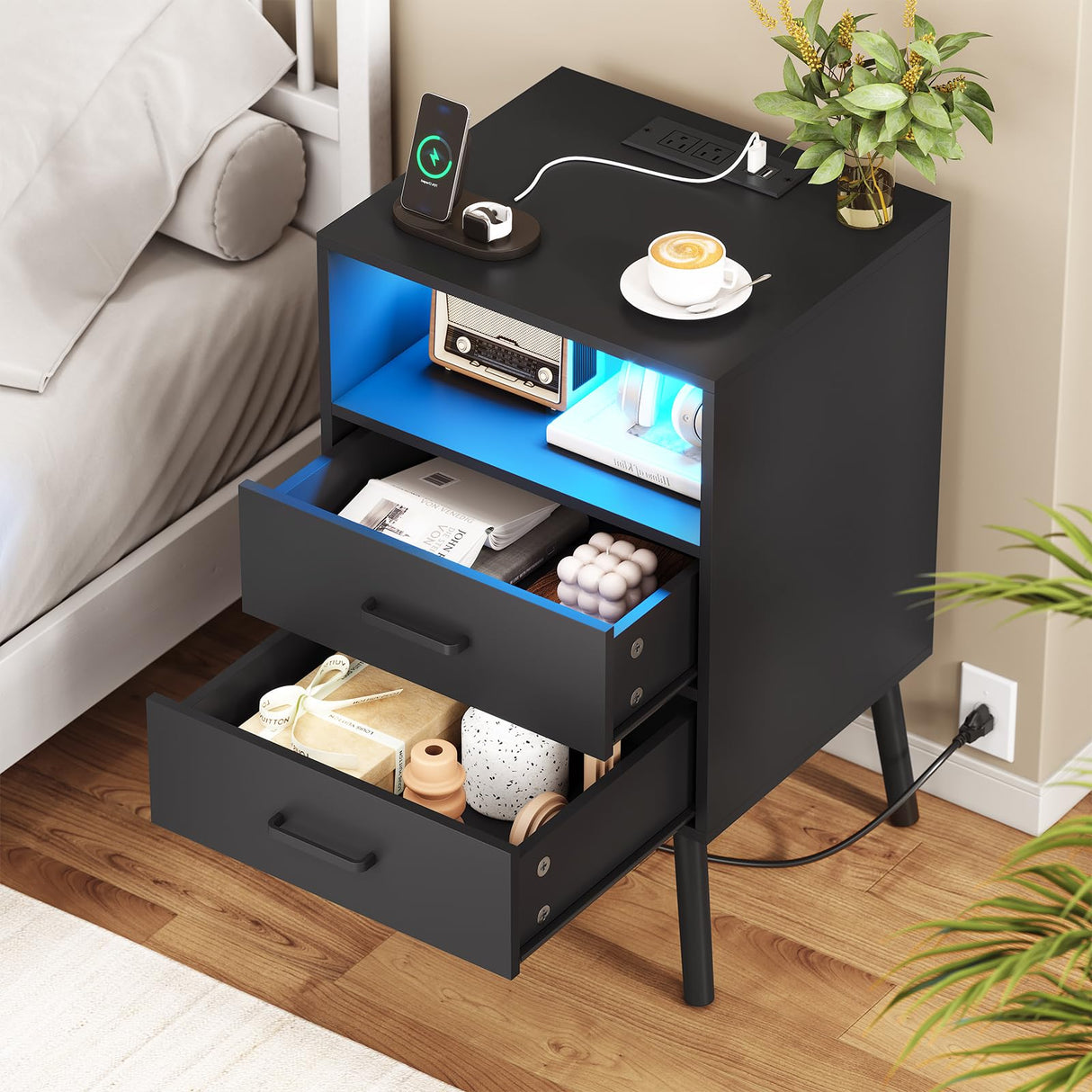 Diliplain Nightstand with Charging Station, Black Night Stand with LED Lights, Modern Side Table with Drawers and Open Shelf, End Table with Solid Wood Legs for Bedroom Diliplain