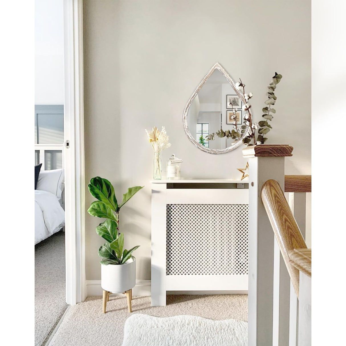 FEUFOAM Small Decorative Mirror Teardrop Mirror Wood Frame Rustic White Wall Mirror Farmhouse Hanging Mirrors for Bathroom Living Room Entryway Hallway FEUFOAM