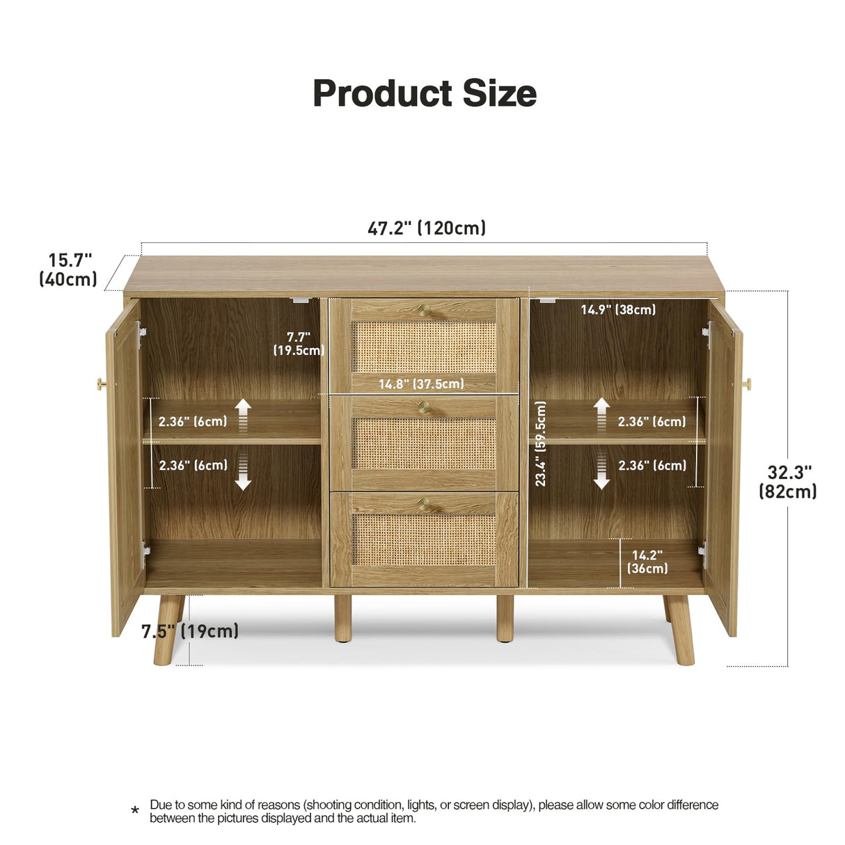 Giluta Sideboard Buffet Cabinet, 3 Drawers Rattan Cabinet with 2 Doors Boho Accent Storage Cabinet, Living Room Cupboard Console Table with Adjustable Shelves for Kitchen Giluta