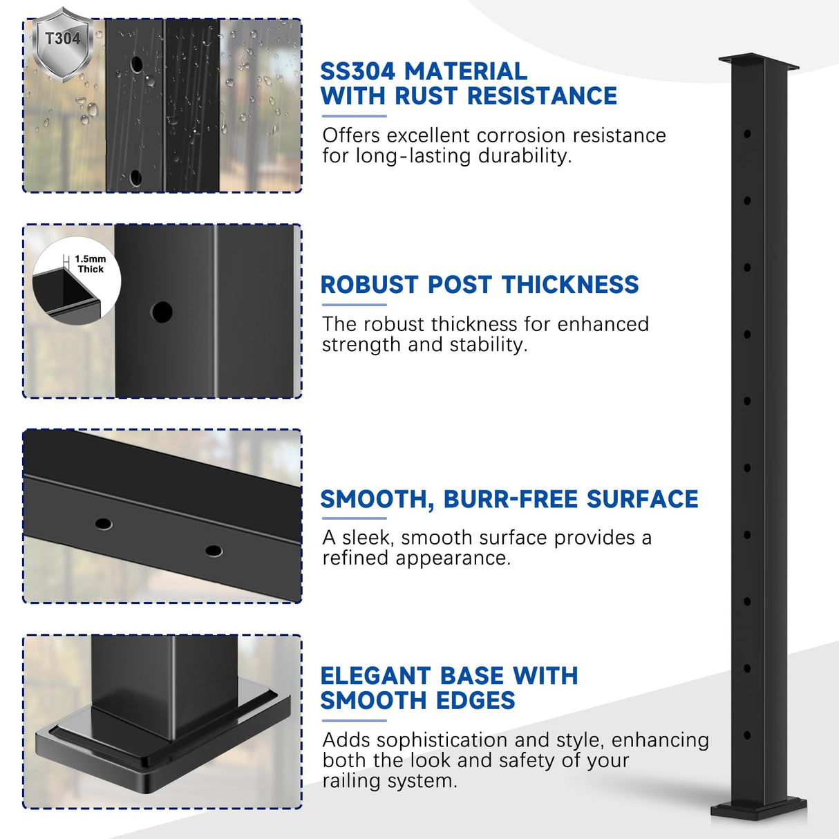 Gyykzz 36" Cable Railing Post, 4 Pack Flat Top Level Drilled Line Post with Cable Grommet, Stainless Steel Black Powder Coated Finish Handrail Post, Heavy-Duty Wire Railing Post for Wood/Concrete Deck Gyykzz