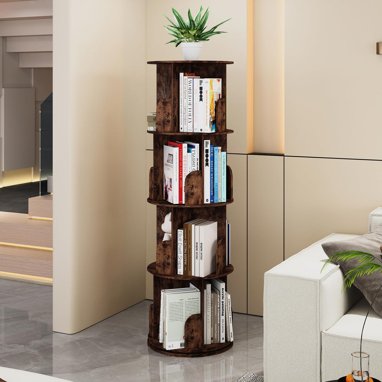 Huisenitre 360°Rotating Bookshelf,4 Tier Corner Bookcase,Book Shelf,Floor Storage Wood Organizer for Sturdy,Home Office,Living Room,Bedroom,Kids Room Huisenitre