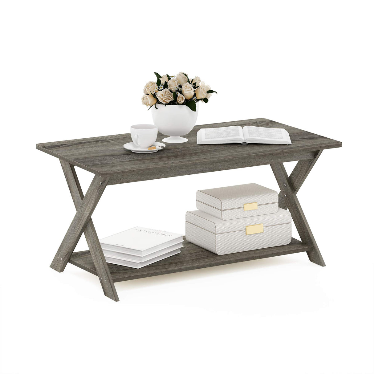 Furinno Modern Simplistic Criss-Crossed Coffee Table, 35.4 in x 19.6 in x 16 in, French Oak Grey Furinno
