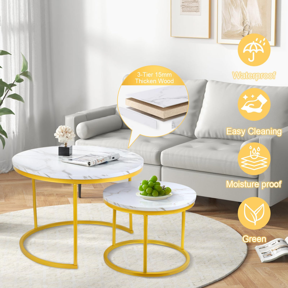 Round Nesting Coffee Tables Set: White Gold Marble Nesting Coffee Table Set of 2 - Modern Metal Stacking Side Table for Living Room Small Spaces Paradmas
