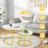 Round Nesting Coffee Tables Set: White Gold Marble Nesting Coffee Table Set of 2 - Modern Metal Stacking Side Table for Living Room Small Spaces Paradmas