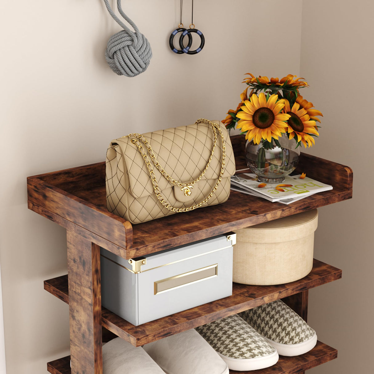 HOMEFORT 7-Tier Wood Shoe Rack, Double Rows Shoe Shelf, Shoe Storage Stand, Entryway Shoe Tower, Vertical Shoe Organizer for Narrow Closet, Entryway, Hallway, Rustic Brown HOMEFORT