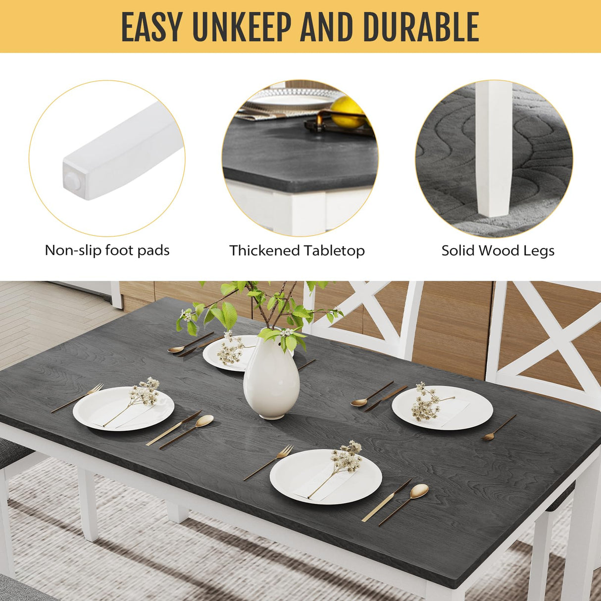 Zevemomo 6-Piece Solid Wood Dining Table Set, Including 1 Dining Table, 4 Upholstered Chairs and 1 Bench, Wooden Legs Dining Table Set for Dining Room, Kitchen, Restaurant, White Zevemomo