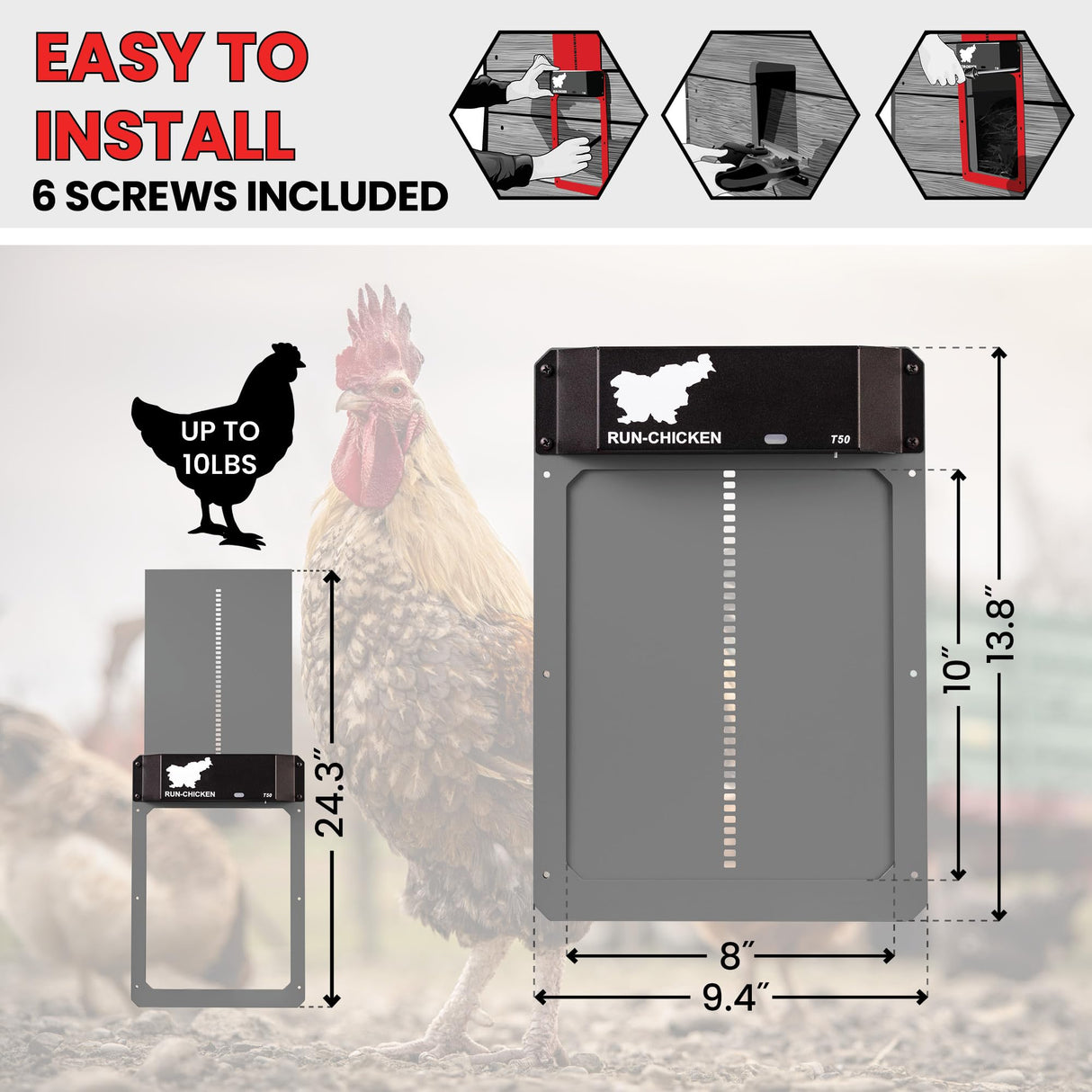RUN-CHICKEN Door (Gray) Automatic Chicken Coop Door, Programmable with App, Battery Operated, Evening and Morning Delay, Aluminum Door, Electric Chicken Run Door, Model T50 RUN-CHICKEN