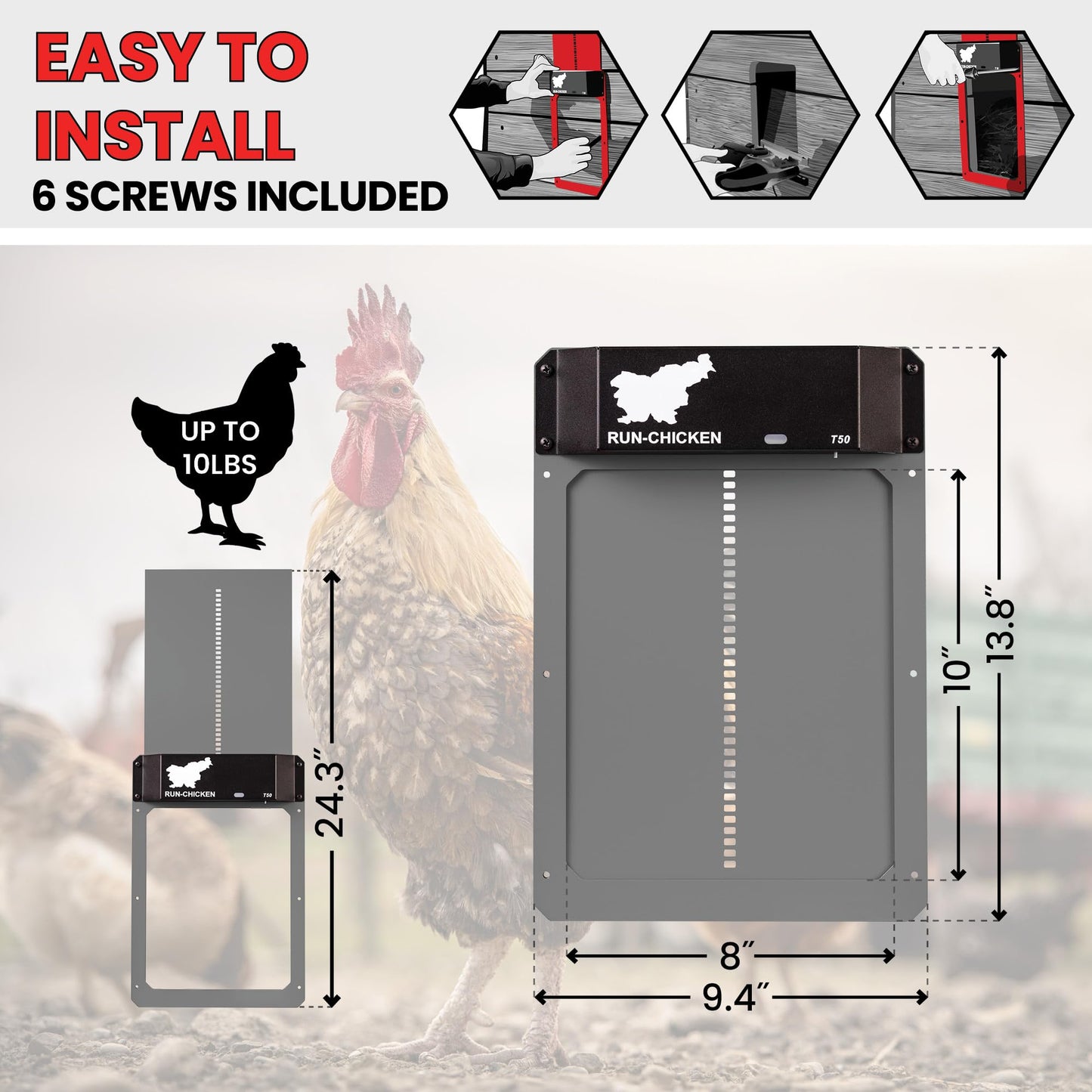 RUN-CHICKEN Door (Gray) Automatic Chicken Coop Door, Programmable with App, Battery Operated, Evening and Morning Delay, Aluminum Door, Electric Chicken Run Door, Model T50