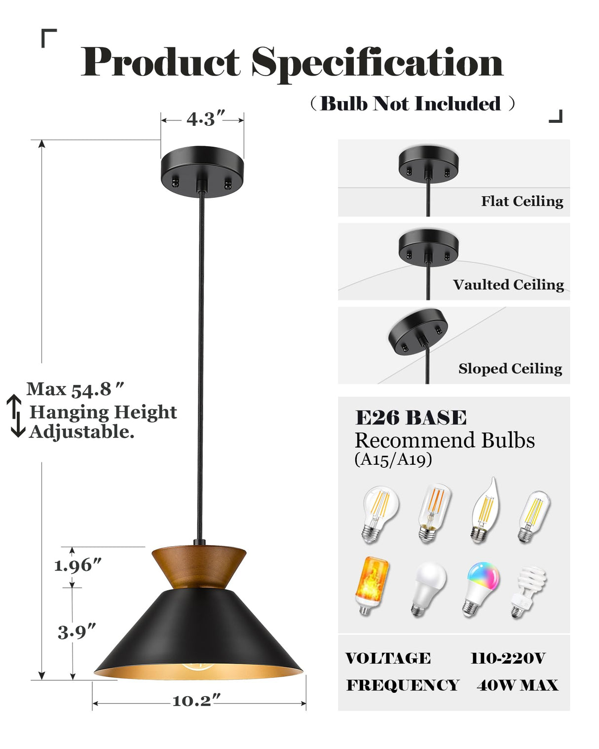 ELYONA Modern Pendant Light Kitchen Island, 10" Solid Wood Hanging Lamp with Matte Black Metal Shade & Gold Inner Finish, Farmhouse Pendant Light Fixtures for Dining Room Bedroom Living Room Hallway ELYONA