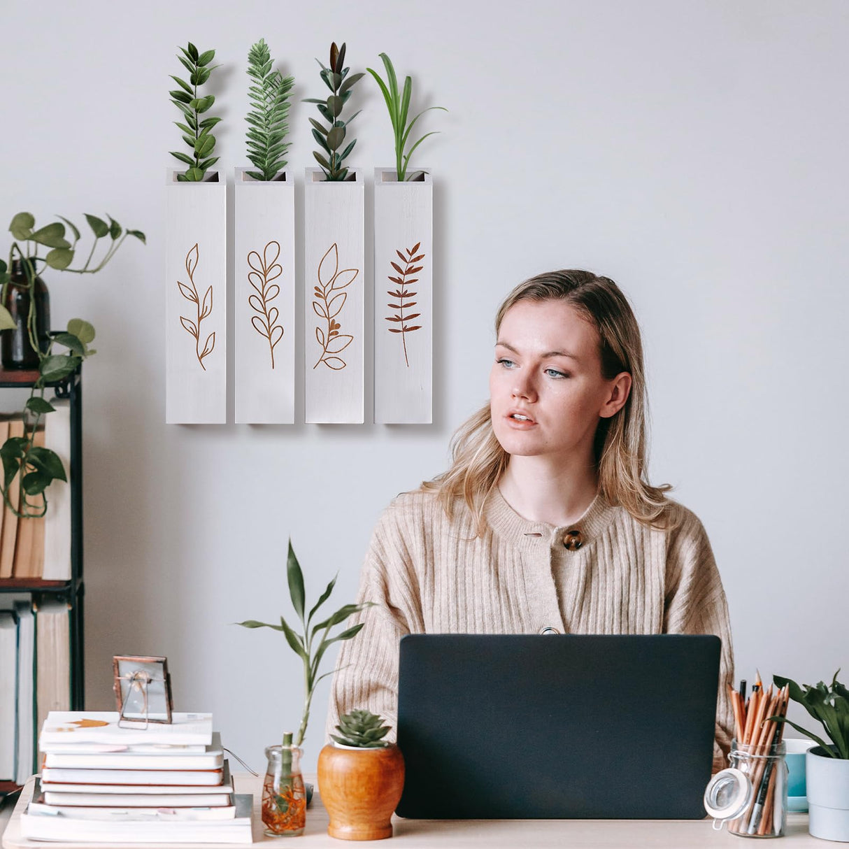 BOTOP Wood Wall Planter, Farmhouse 4 Pack Indoor Pocket Wall Vases Decor for Living Room Bedroom Dried Flowers Faux Greenery Plants (White) BOTOP