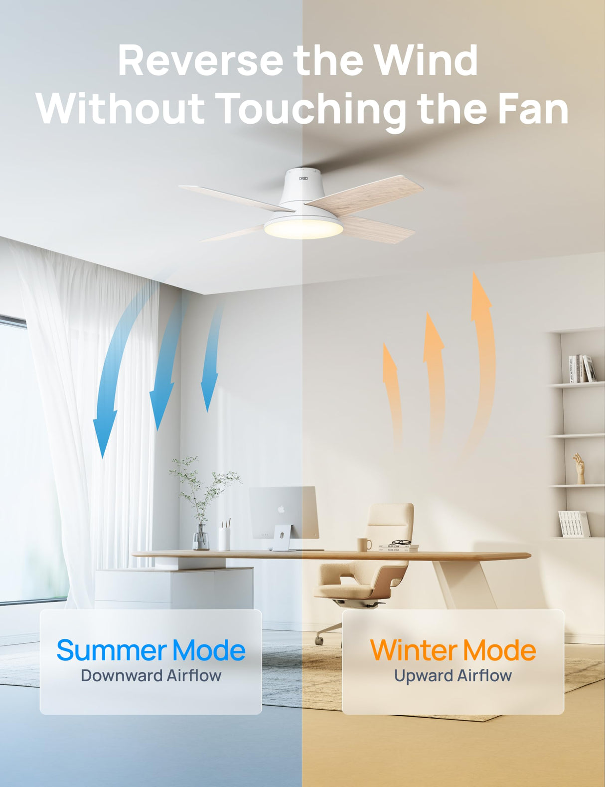 Dreo Ceiling Fans with Lights, 12 Speeds & 3 Fan Modes, Quiet DC Motor, Low Profile Easy to Install, Flush Mount Smart Ceiling Fan with Dimmable LED, 12H Timer for Bedroom, Remote, White, 44'' Dreo