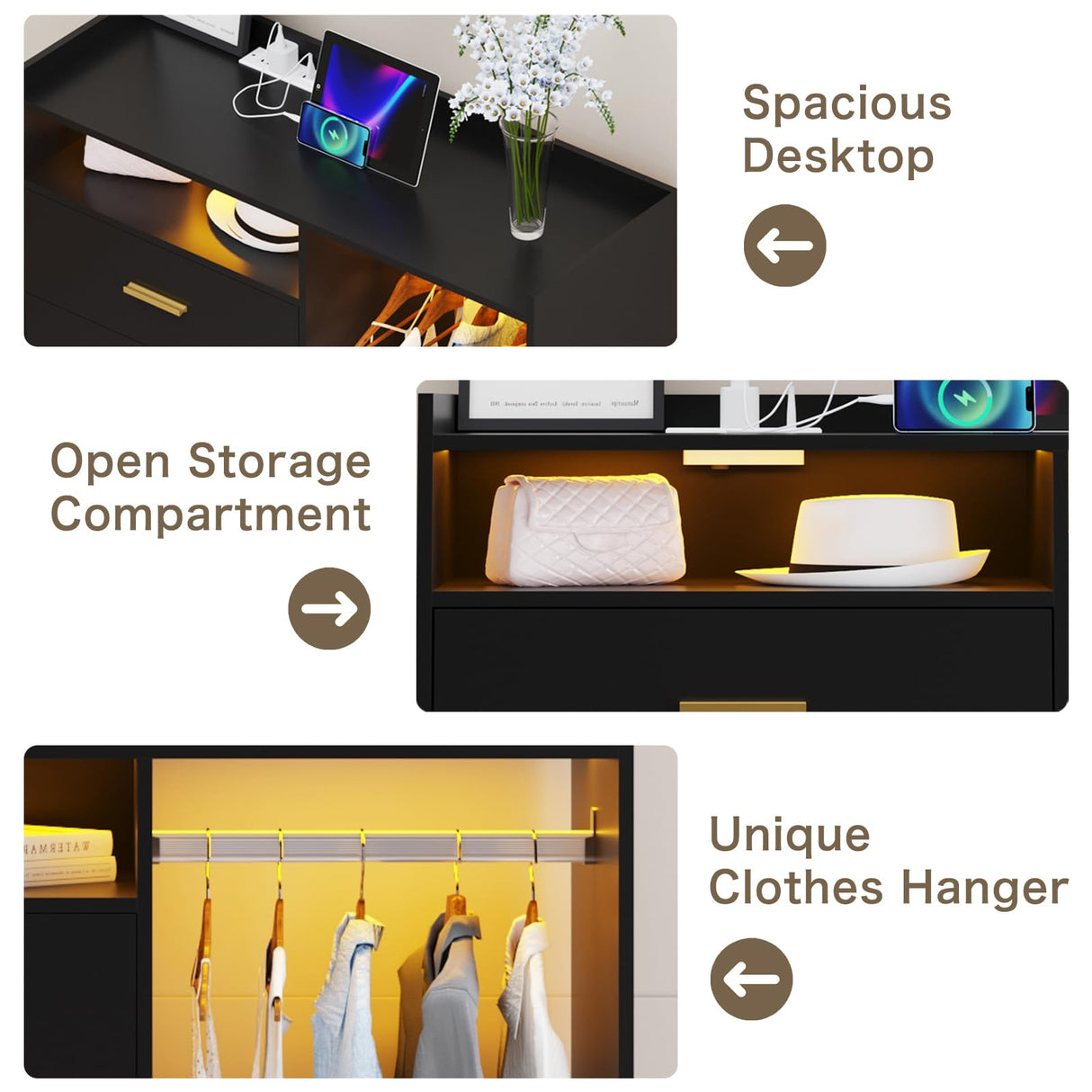 Wooden Dresser for Bedroom with Clothing Rack, Black 4 Drawers Dresser with Charging Station and LED Lights, Tall Clothes Dresser for Small Space Hallway Closet amzzar