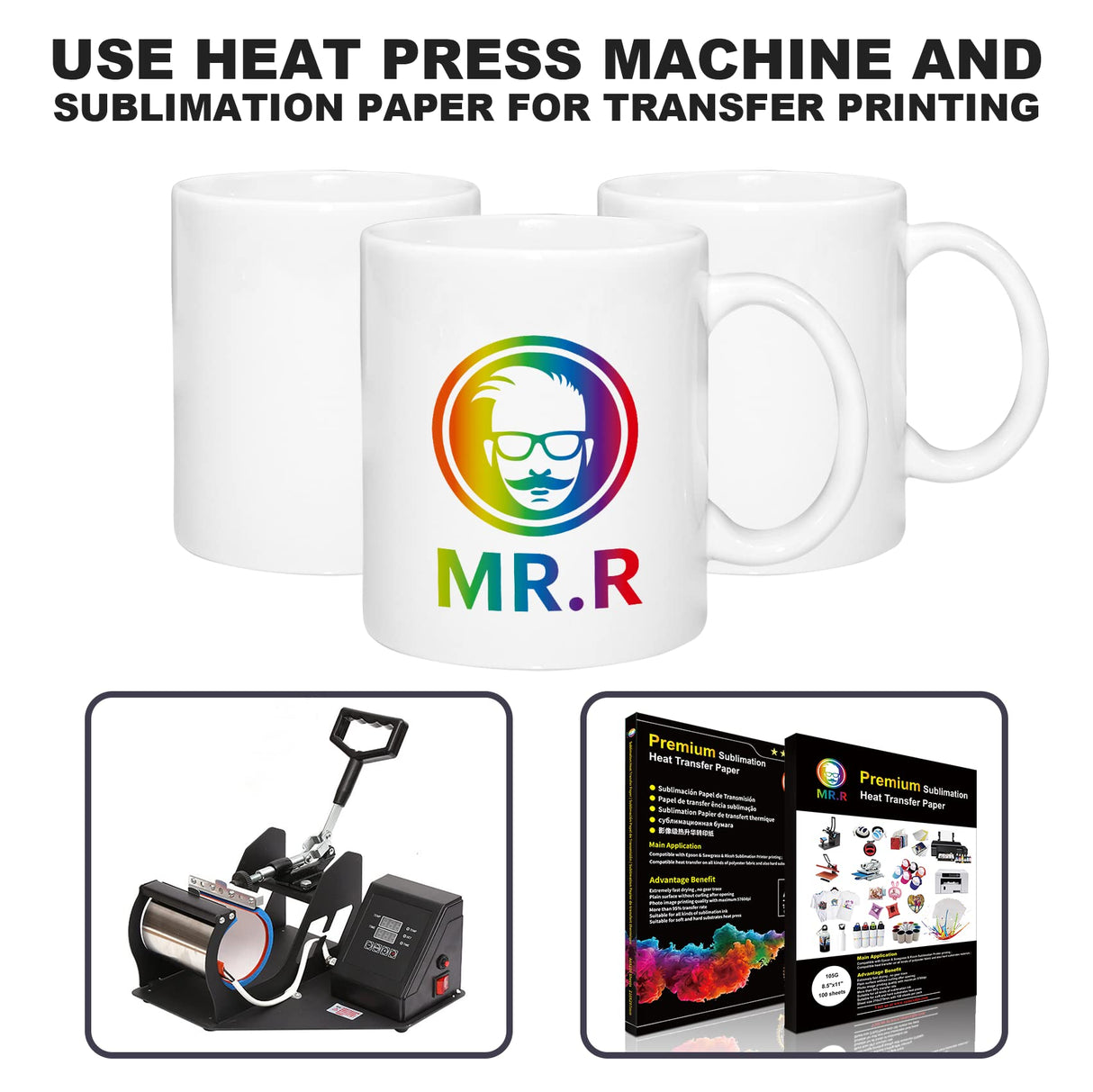 MR.R Set of 6 Sublimation Blanks Dishwasher White Ceramic Coffee Mugs 11oz Blank Ceramic Classic Drinking Cup Mug For Milk Tea Cola Water MR.R