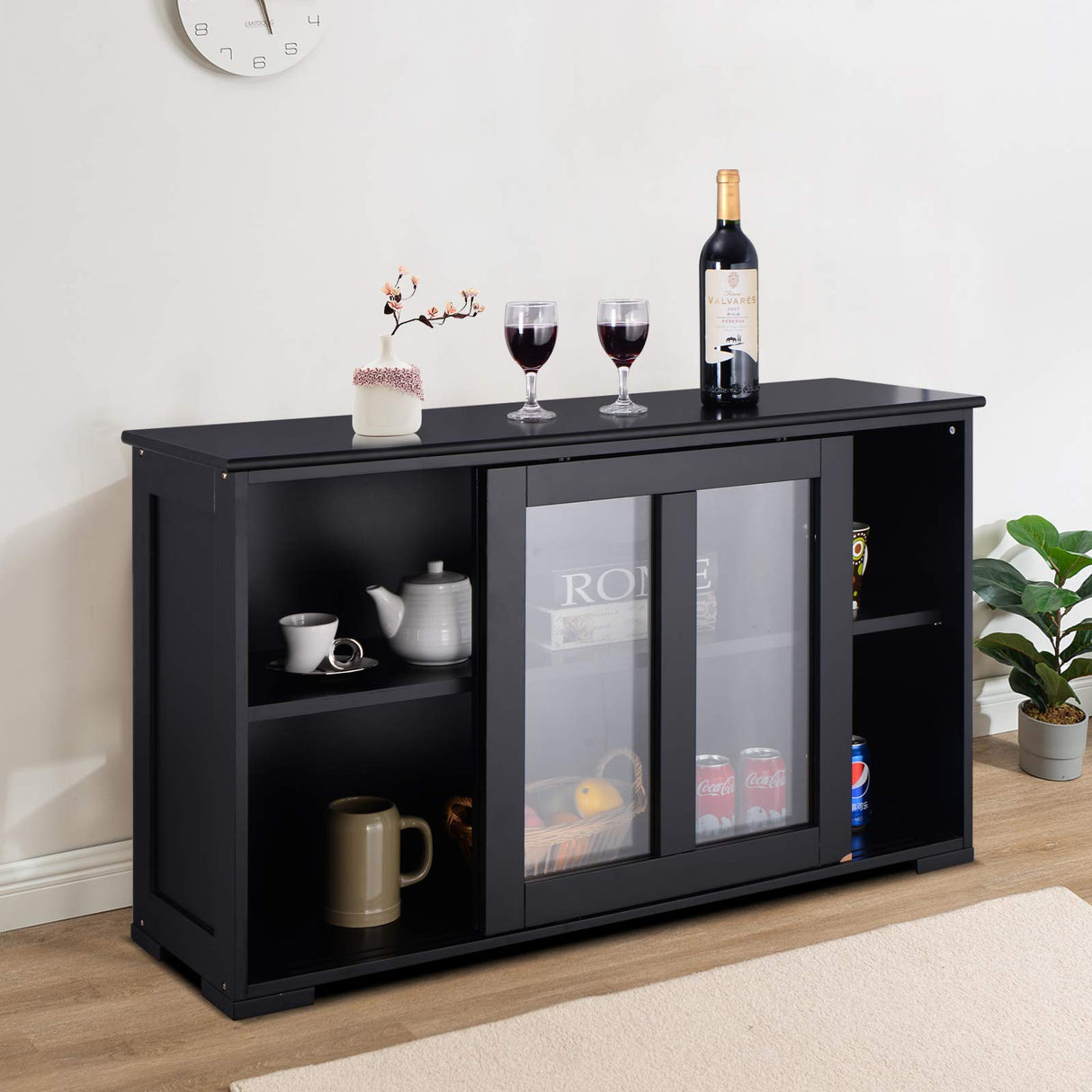 Giantex, Wood Credenza with Sliding Doors, Storage Cabinet with Adjustable Shelf, Modern Console Table, Kitchen Cupboard, Pantry Buffets & Sideboards, Large, Black Giantex