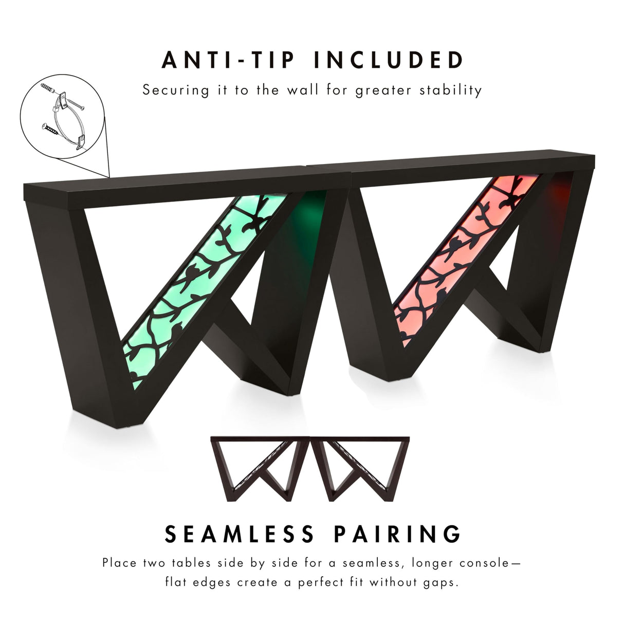 HOMES: Inside + Out Naomi Modern Decorative Accent LED Console Table with W-Shaped Legs and Remote, Wood Entryway Furniture for Living Room, Hallway, Entrance, Small Spaces, Black HOMES: INSIDE + OUT