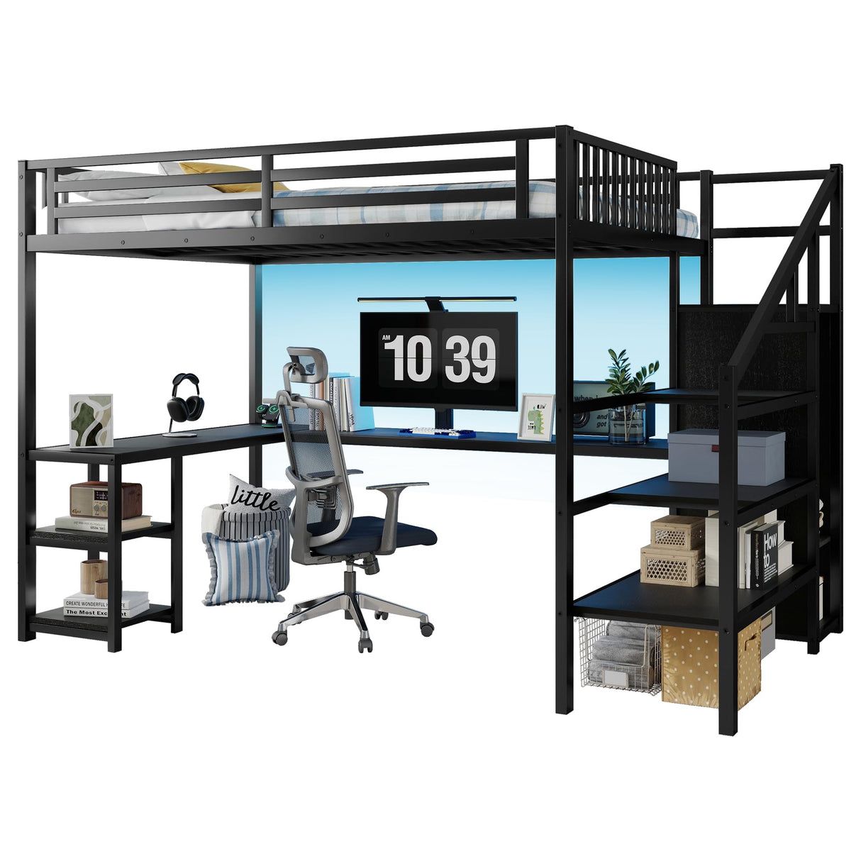 Queen Size Loft Bed with Desk and Stairs, Gaming Loft Bed with RGB LED Light and Storage, Heavy-Duty Metal Loft Beds Frame with Wardrobe, Shelves and Charging Station for Adults Kids Teens, Black Mirightone