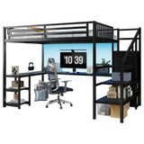 Queen Size Loft Bed with Desk and Stairs, Gaming Loft Bed with RGB LED Light and Storage, Heavy-Duty Metal Loft Beds Frame with Wardrobe, Shelves and Charging Station for Adults Kids Teens, Black Mirightone