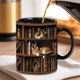YIDAJI Bookshelf Gift - Cat Bookshelf Mug - Gifts For Women - Unique Gift For Book Lover, Reader, Librarian, Writer - Birthday Gift Idea For Cat Lover, Owner Cat - Book Mug, Coaster, Keychain YIDAJI