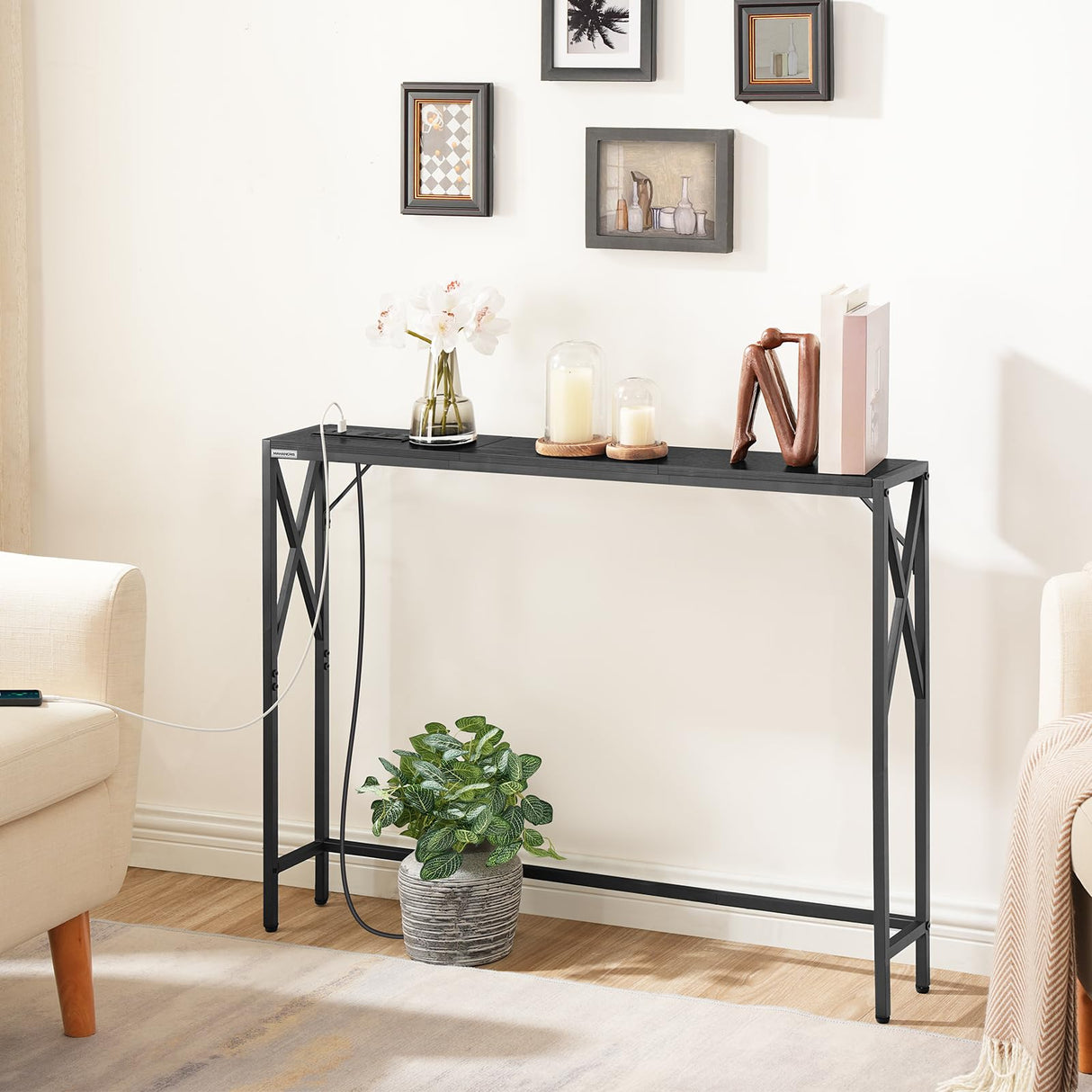 MAHANCRIS Sofa Table with Charging Station, 39.4” Console Table, Narrow Entryway Table, Slim Hallway Table, Retro Couch Table, for Entrance, Foyer, Living Room, Hallway, Black CTHB151E01 MAHANCRIS