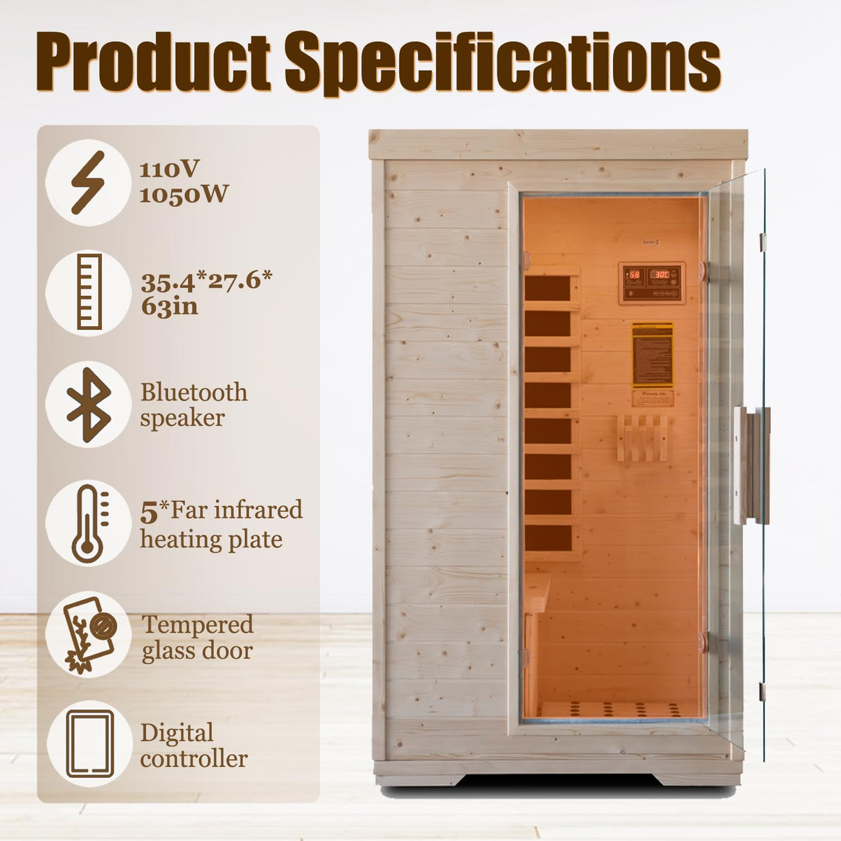 Far Infrared Sauna Room, Spruce Wood 1 Person Side-Opening Indoor Sauna 5 Heating Panels 1050W Infrared Therapy for Personal Wooden Dry Sauna Home Spa Room Homsido