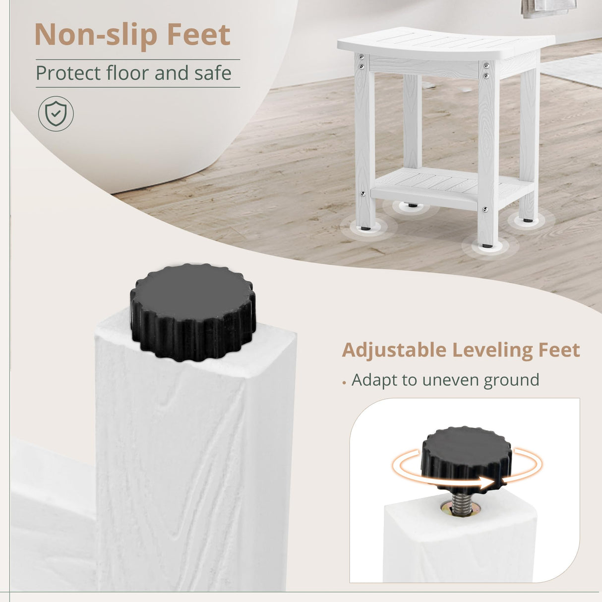 LUE BONA HDPS Shower Bench Seat, Shower Stool for Inside Shower Waterproof, Bath Spa Shower Foot Stool for Shaving Legs with Storage Shelf, Weather Resistant/Non-Slip/Indoor or Outdoor Use, White LUE BONA