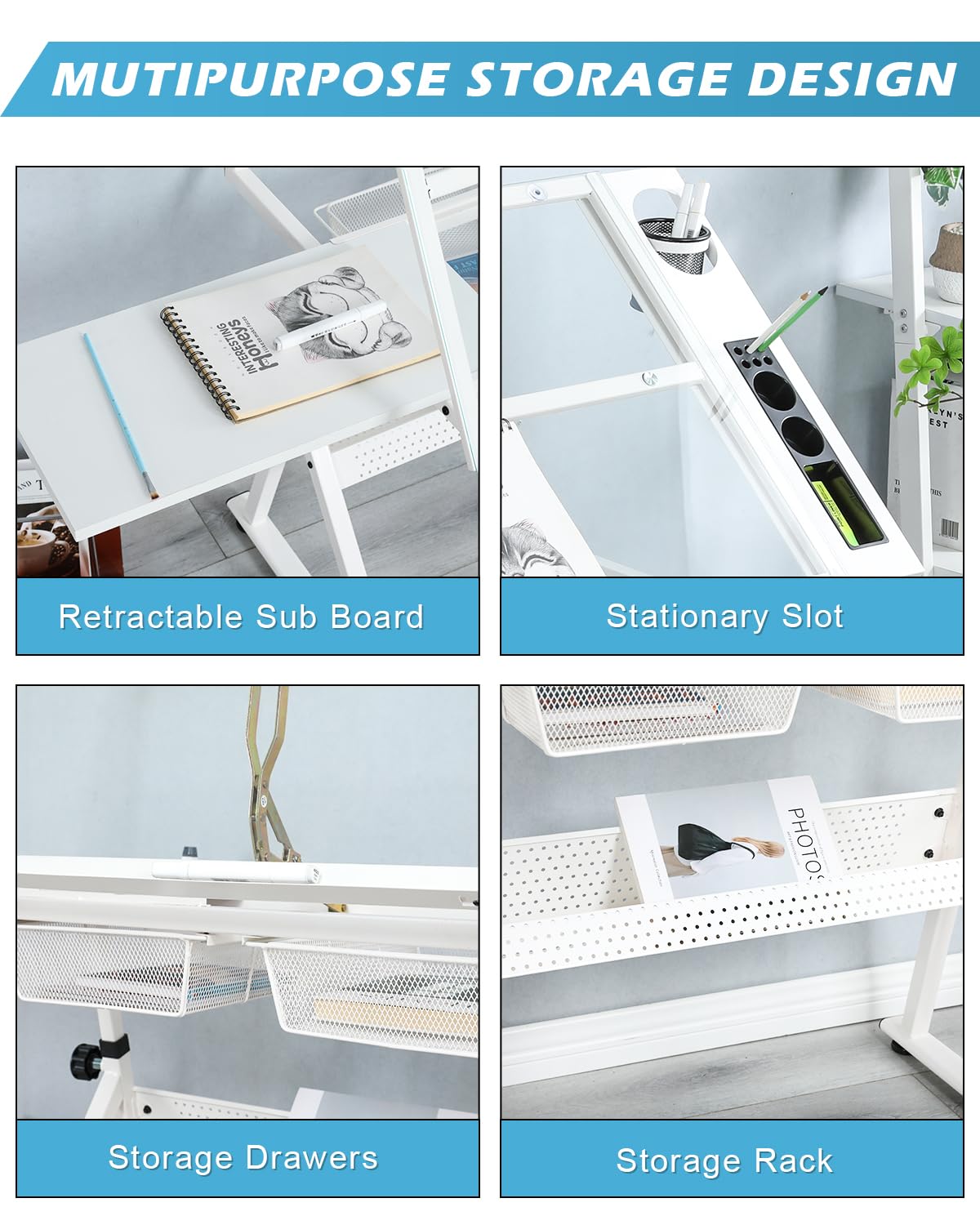 LifeSky Drafting Table Adjustable for Artists - Art Drawing Desk with Storage for Painting Sketching - Glass Top for Painters Illustrators Cartoonists White LIFE SKY