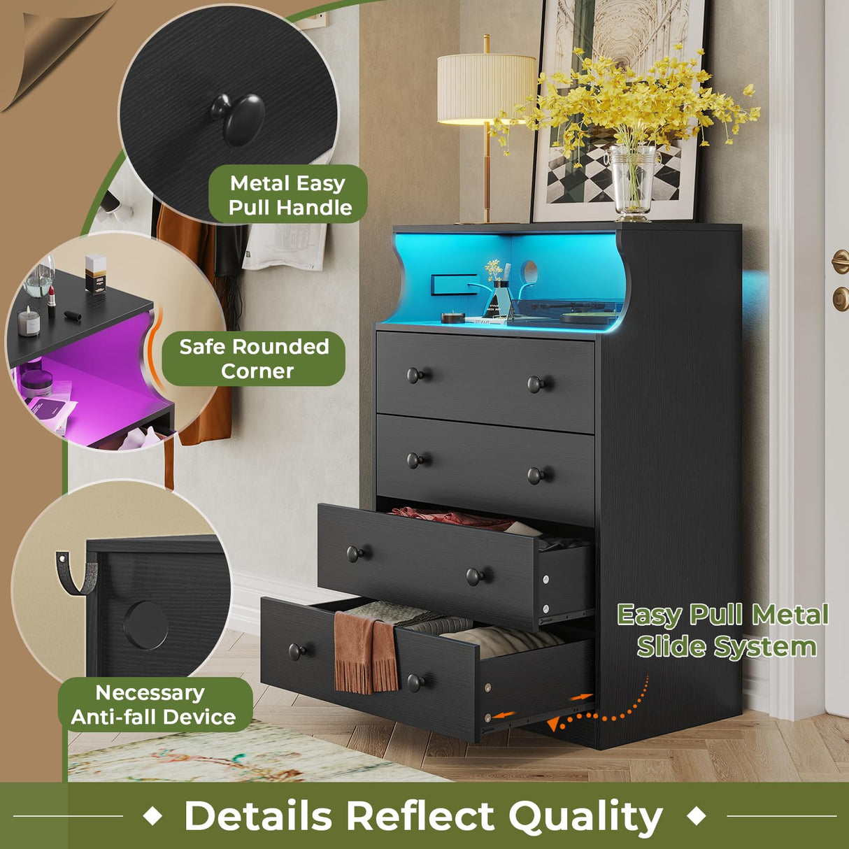 Hasuit Black Dresser with Charging Station, 4 Drawers LED Dresser for Bedroom, Chest of Drawers with Open Space, Large Capacity Tall Storage Cabinet, Black Dresser for Bedroom Hasuit